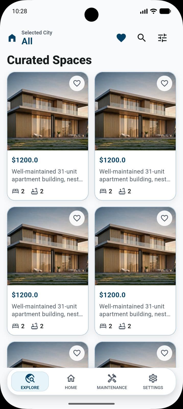 RentEra Curated Spaces listing screen