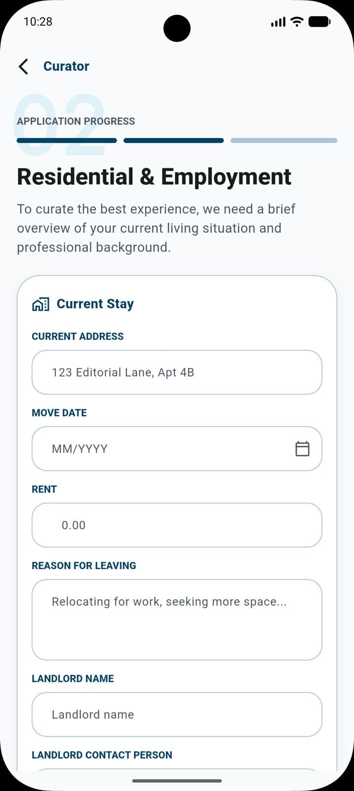 Residential and employment step of the RentEra application